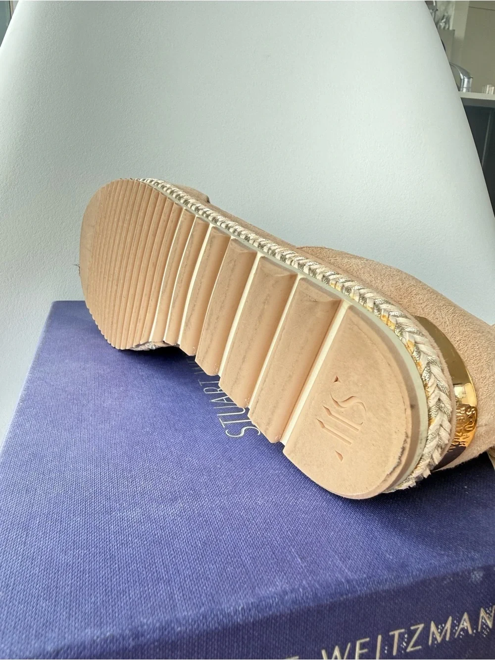 Stuart Weitzman Taupe Suede Studded Espadrille Flats with Ankle Ties